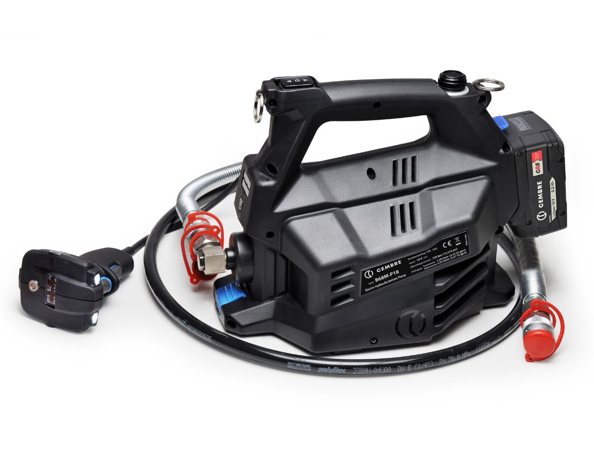 CEMBRE - Pompa elettro-oleodinamica portatile a batteria, pressione di esercizio 700 bar, con pulsantiera, tubo flessibile, 18V max 230. B68M-P18
