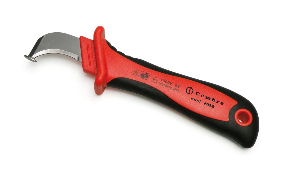 CEMBRE - Coltello isolato per cavi, lama curva con cappuccio di protezione.