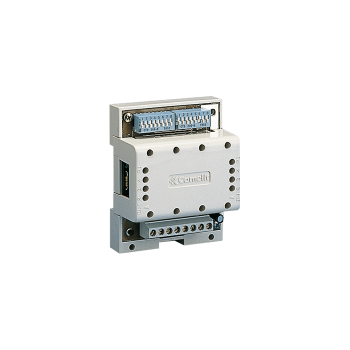 COMELIT - Scambio digitale per impianti Simplebus 1, 2 o più posti esterni, 2 dip-switch 8 posizioni, 12VAC-22VDC, montaggio DIN 4 moduli