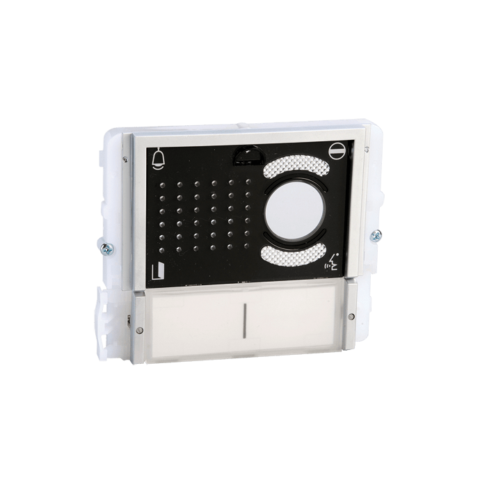 COMELIT - Serie Ikall - Modulo 2 pulsanti predisposto per unità audio/video, mascherina nera, cartellini portanome, illuminazione LED blu/bianco/spento
