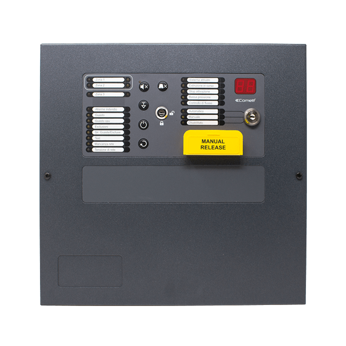 COMELIT - Centrale estinzione 3 zone, 2 estinzione + 1 allarme, display LCD, chiave meccanica, 2x12V 7Ah