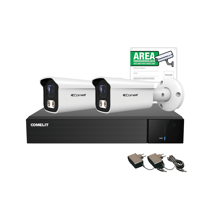 COMELIT - Serie Next - Kit AHD 5MP 4 canali, DVR AHDVR004N05A + 2 telecamere AHBCAMS05FB + alimentatori + cartello videosorveglianza