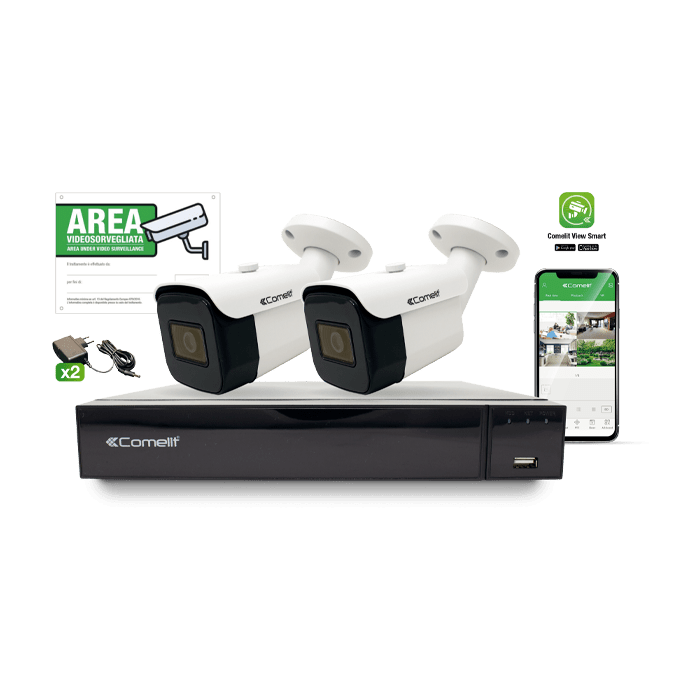 COMELIT - Serie Smart - Kit AHD, DVR AHDVR004S08A + 2 telecamere AHBCAMS08FA + 2 alimentatori 43082 + accessori