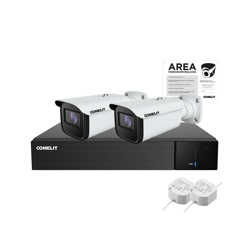 COMELIT - Serie Next - Kit AHD 8 canali 5MP, XVR AHDVR008N05A + 2 telecamere AB04N1ZA + alimentatori + cartello area videosorvegliata