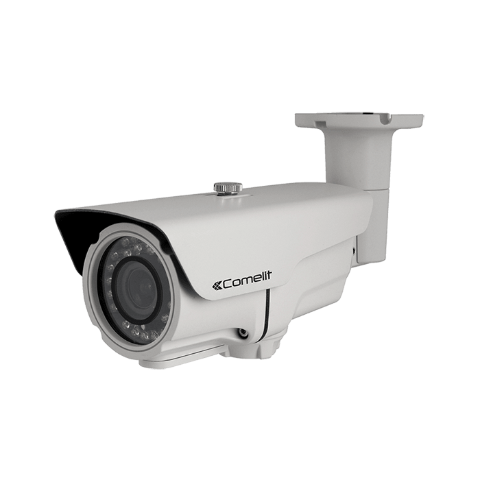 COMELIT - Serie Next - Telecamera IP bullet 8MP, ottica fissa 2.8mm, LED IR 50m, analisi video, slot SD, alluminio IP67, 12V e PoE, ONVIF
