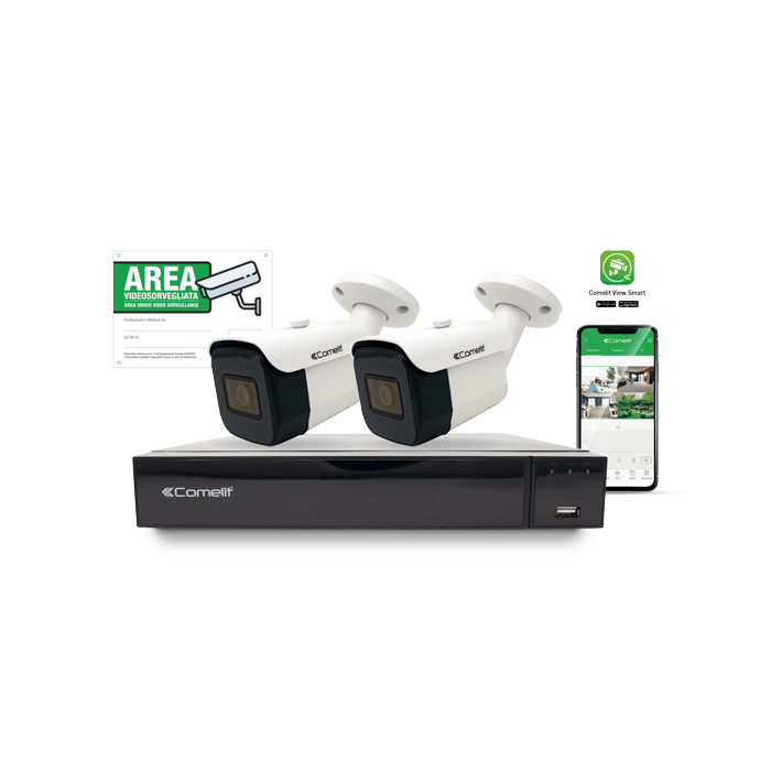 COMELIT - Serie Smart - Kit IP, NVR IPNVR004S05PA + 2 telecamere IPBCAMS02FA + cartello 43500B