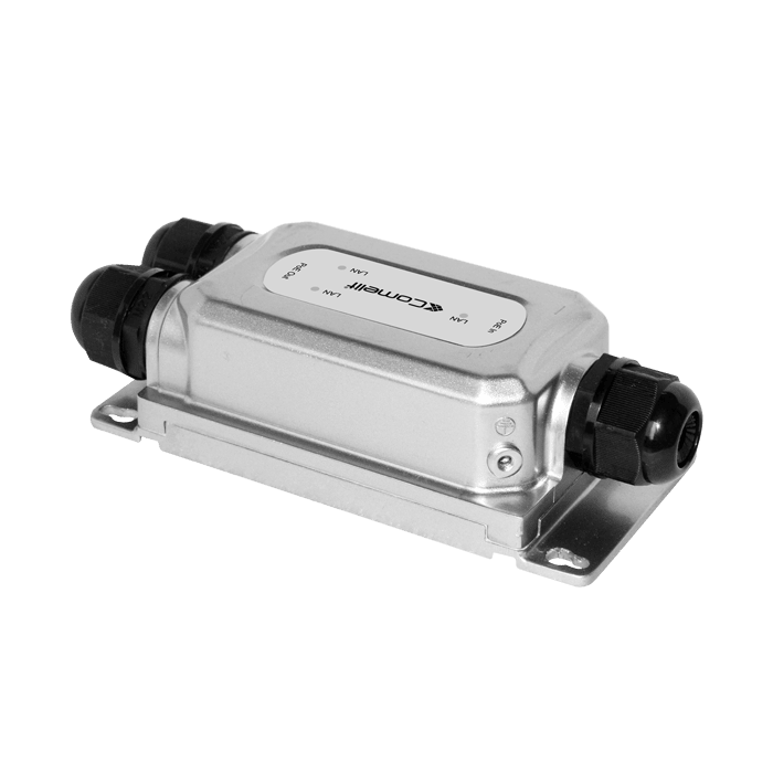 COMELIT - Repeater PoE 2 porte Gigabit IP67, standard IEEE802.3af/at/bt, 1 ingresso RJ45 95W, 2 uscite RJ45 30W, portata 100m
