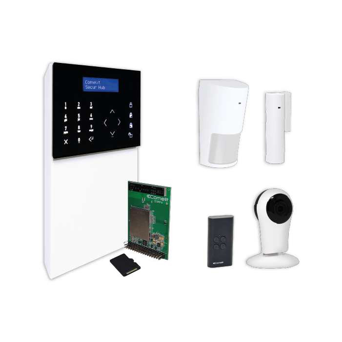 COMELIT - Serie Secur Hub - Kit centrale HUB32LCD + 4G + PIR + contatto + radiocomando + telecamera Wi-Fi + SD 32GB