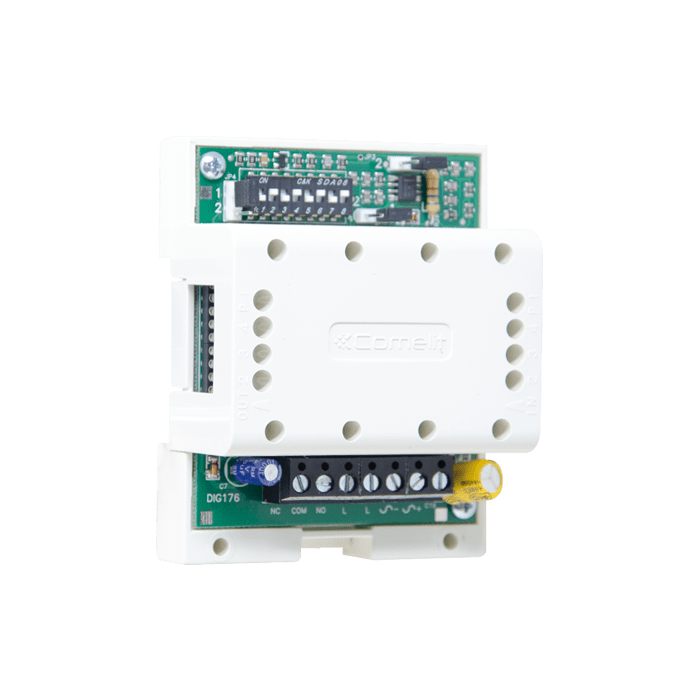 COMELIT - Relè attuatore intelligente, sistema Simplebus 1 e 2, 12VAC-20VDC 10A, montaggio DIN 4 moduli, morsetto derivazione incluso 1256