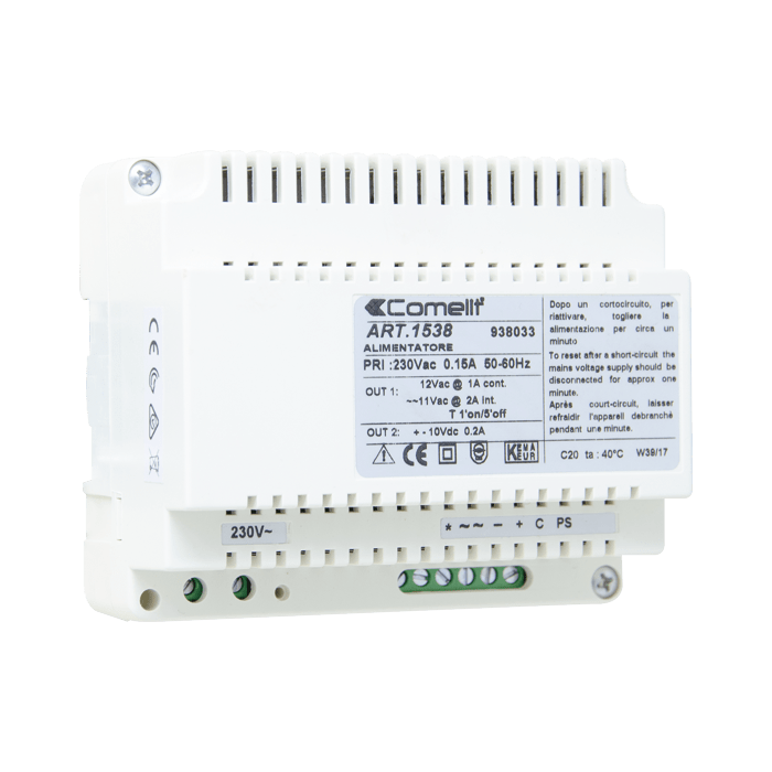 COMELIT - Alimentatore citofonico sistema 4+1, 230VAC/12VAC-10VDC, generatore chiamata, 6 moduli DIN