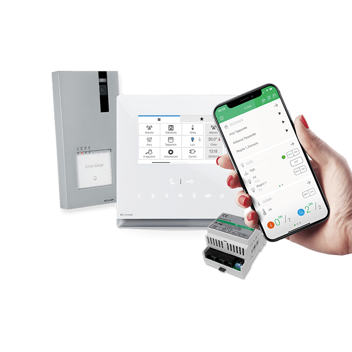 COMELIT - Serie Icona Manager - Kit domotico ViP con app, videocitofonia + gestione clima/carichi, posto esterno incluso