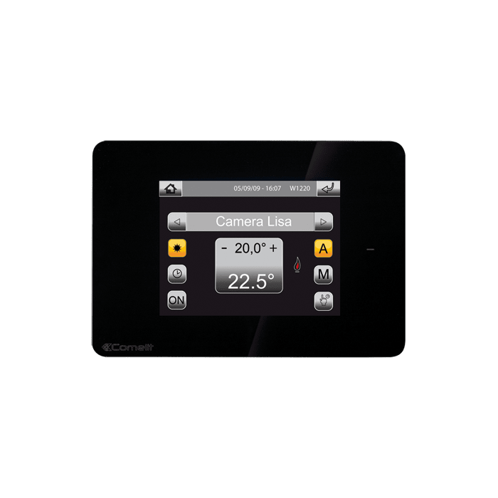 COMELIT - Serie Minitouch - Cronotermostato 3.5" touch nero, sistema SimpleHome, sonda integrata, 1 relè + 3 uscite
