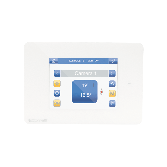 COMELIT - Serie Minitouch - Cronotermostato 3.5" touch bianco, sistema SimpleHome, sonda integrata, 1 relè + 3 uscite