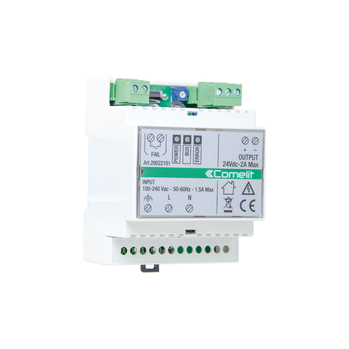 COMELIT - Alimentatore switching SimpleHome 24VDC 2A, montaggio DIN 2 moduli, autoprotetto, parallelabile 20022101