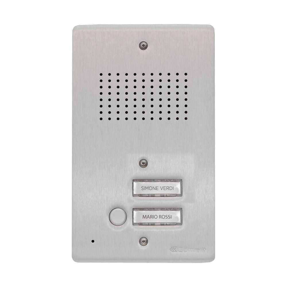 COMELIT - Pulsantiera audio 2 pulsanti da incasso, alluminio anodizzato 4mm, griglia antisfondamento, per gruppo Ikall, portalampada