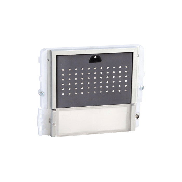 COMELIT - Serie Ikall - Modulo 1 pulsante predisposto per unità audio, mascherina acciaio inox, cartellini portanome, illuminazione LED blu/bianco/spento