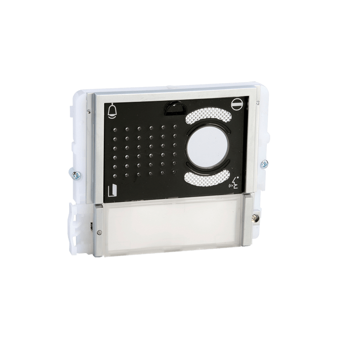 COMELIT - Serie Ikall - Modulo 1 pulsante predisposto per unità audio/video, mascherina nera, cartellini portanome, illuminazione LED blu/bianco/spento 33411