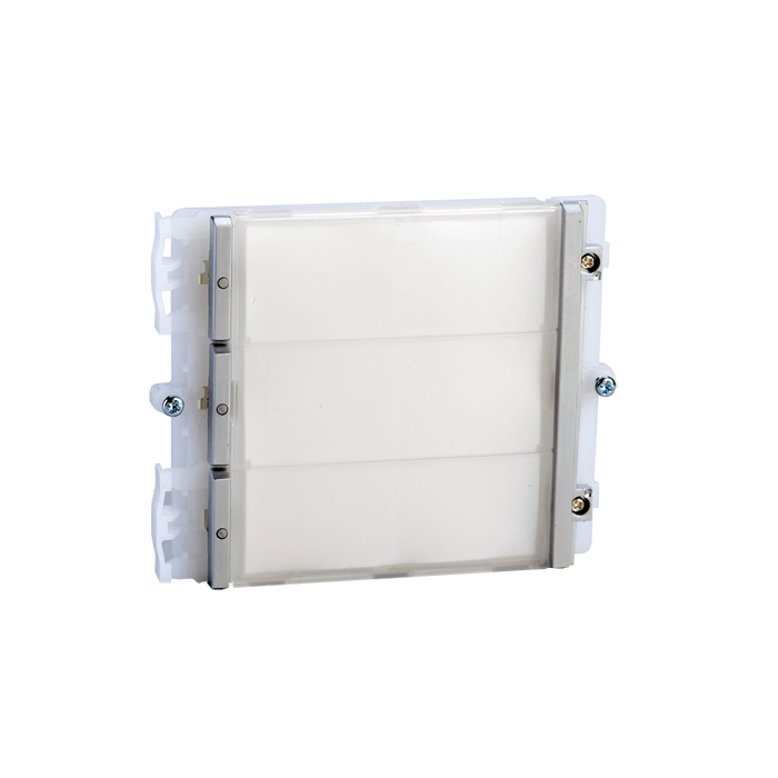 COMELIT - Serie Ikall - Modulo 3 pulsanti, sistema Simplebus/ViP, cartellini portanome, illuminazione LED blu/bianco/spento