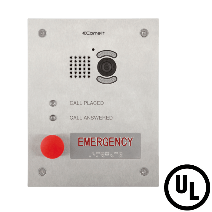 COMELIT - Serie Emergency - Pulsantiera video emergenza da incasso in acciaio inox, 1 pulsante braille, sistema ViP, audio/video PoE, LED stato, H.264