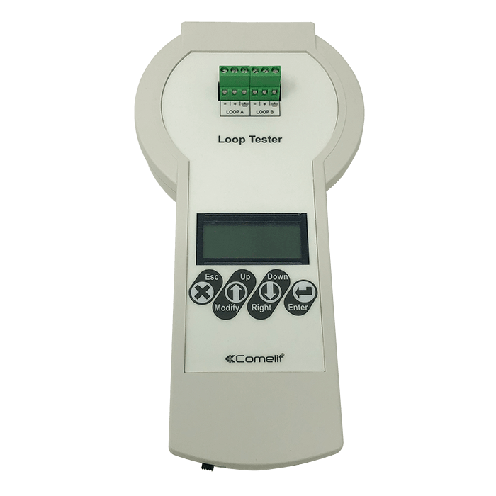 COMELIT - Strumento test loop, trova corto/aperto con posizione, misura V/R, conta dispositivi, indirizzamento ID/IS, multilingua, alimentatore incluso