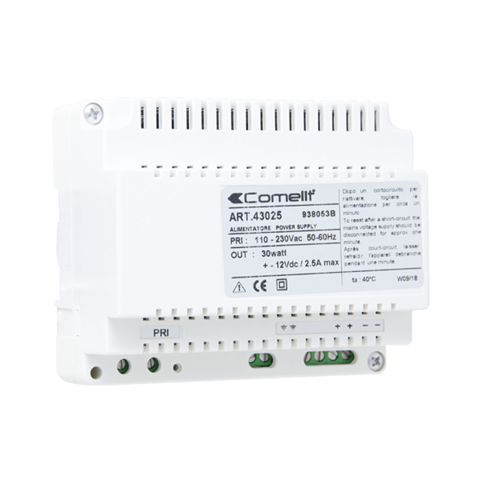 COMELIT - Alimentatore guida DIN 6 moduli, ingresso 110-240VAC, uscita 12VDC 2.5A, morsettiera