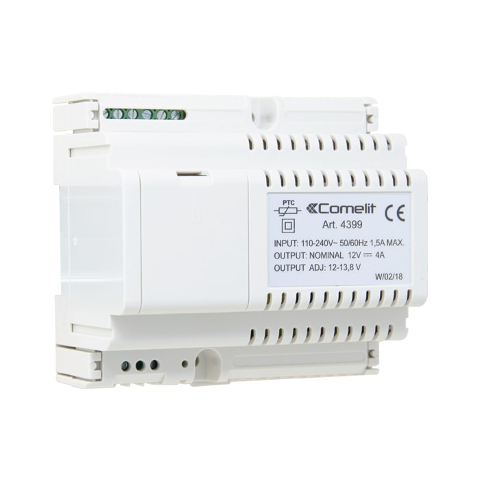COMELIT - Alimentatore 12VDC 4A, ingresso 110-240VAC, tensione regolabile 12-13.8VDC, contenitore DIN 6 moduli