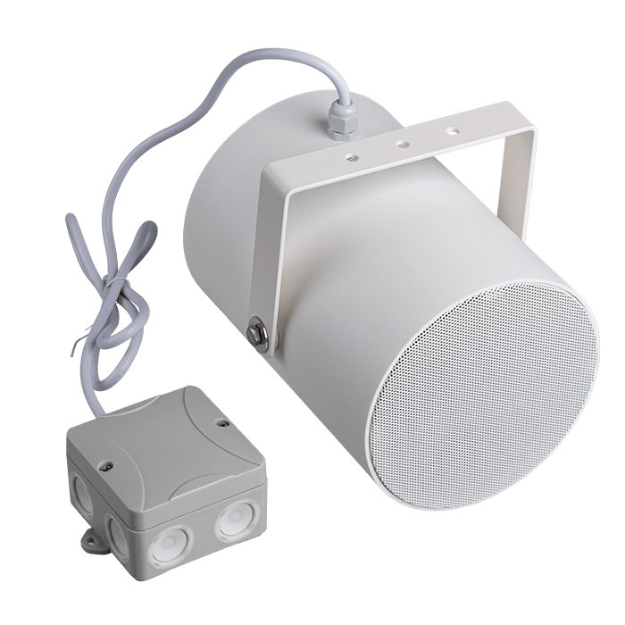 COMELIT - Proiettore bidirezionale 5+5W, ABS bianco IP56, 2 altoparlanti 130mm, 10/5/2,5W 100V, staffa alluminio, cavo 1m, scatola giunzione, EN54-24
