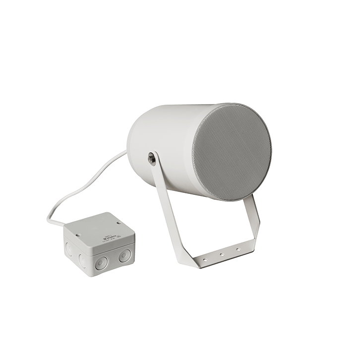 COMELIT - Proiettore monodirezionale 20W, ABS bianco IP66, altoparlante 130mm, staffa alluminio, cavo 1m, scatola giunzione, EN54-24