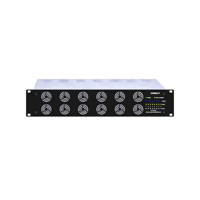 COMELIT - Serie Logirack - Matrice audio slave 1000W 8 zone, 2x500W cluster 4+4, 2 unità modulari, LED stato