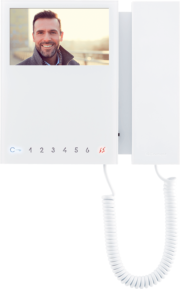 COMELIT - Serie Mini - Videocitofono 4.3"/16:9 con cornetta, sistema Simplebus 2, 8 pulsanti soft touch, LED stato porta