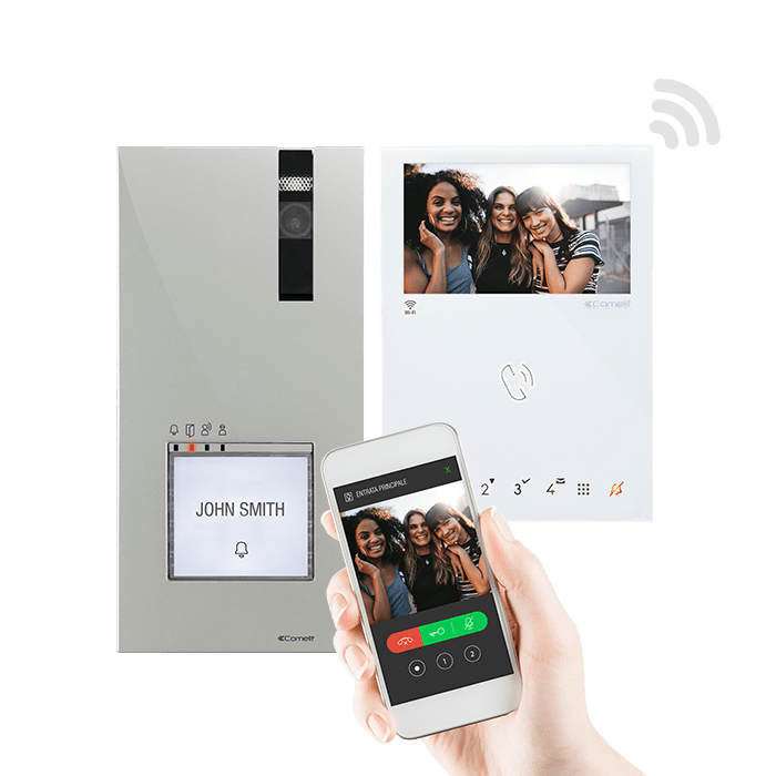 COMELIT - Serie Mini Wi-Fi - Kit video monofamiliare con posto esterno Quadra 4899MK e monitor 4.3" Wi-Fi, sistema ViP, preprogrammato, codec H.264 8561V