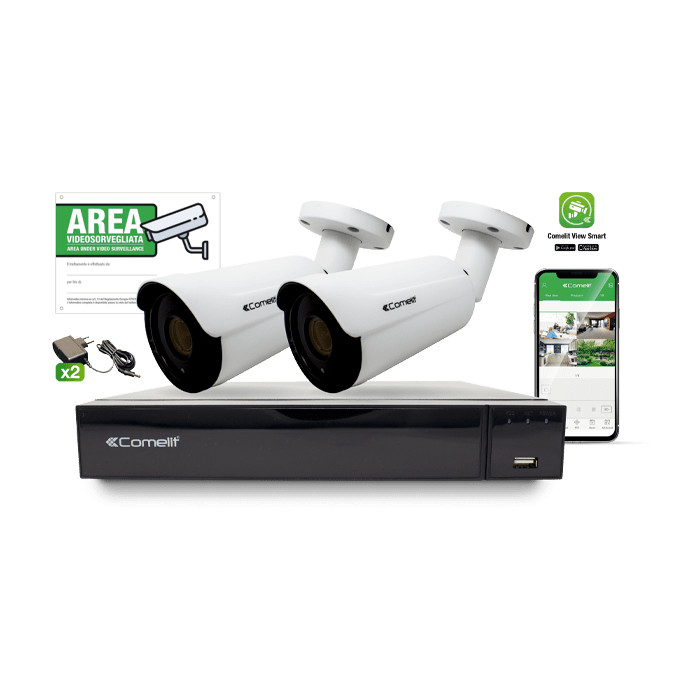COMELIT - Serie Smart - Kit AHD, DVR AHDVR008S08A + 2 telecamere AHBCAMS08VA + 2 alimentatori 43082 + cartello 43500B