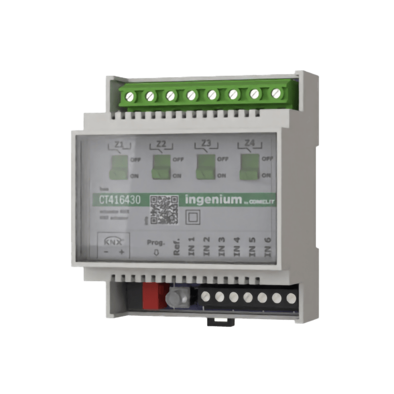 COMELIT - Attuatore KNX 6 ingressi/4 uscite relè 30A con comando manuale, alta potenza, DIN 4 moduli, supporto per UAL