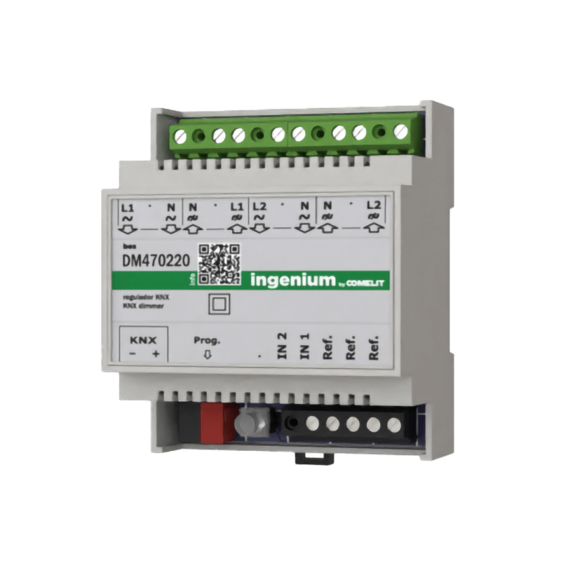 COMELIT - Dimmer KNX universale 2 canali 200W/canale, autodetect LED/alogene, 2 ingressi SELV, DIN 4 moduli