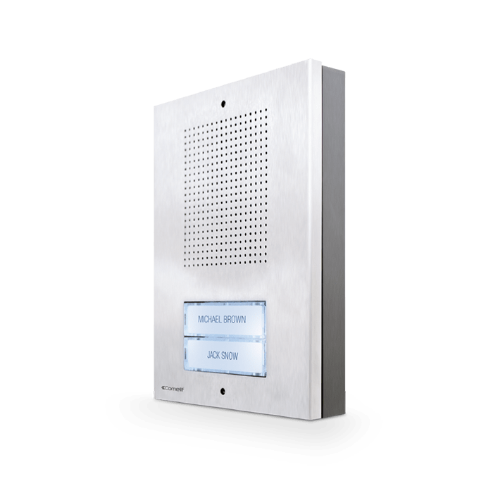 COMELIT - Serie Extra - Posto esterno audio, sistema 5 fili, 2 pulsanti, acciaio inox, retroilluminazione bianca ET5002