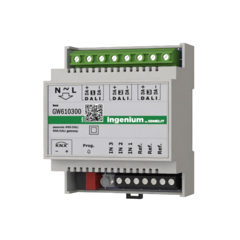 COMELIT - Gateway KNX - DALI broadcast 3 canali, 64 dispositivi, 16 scene, 3 ingressi, DIN 4 moduli