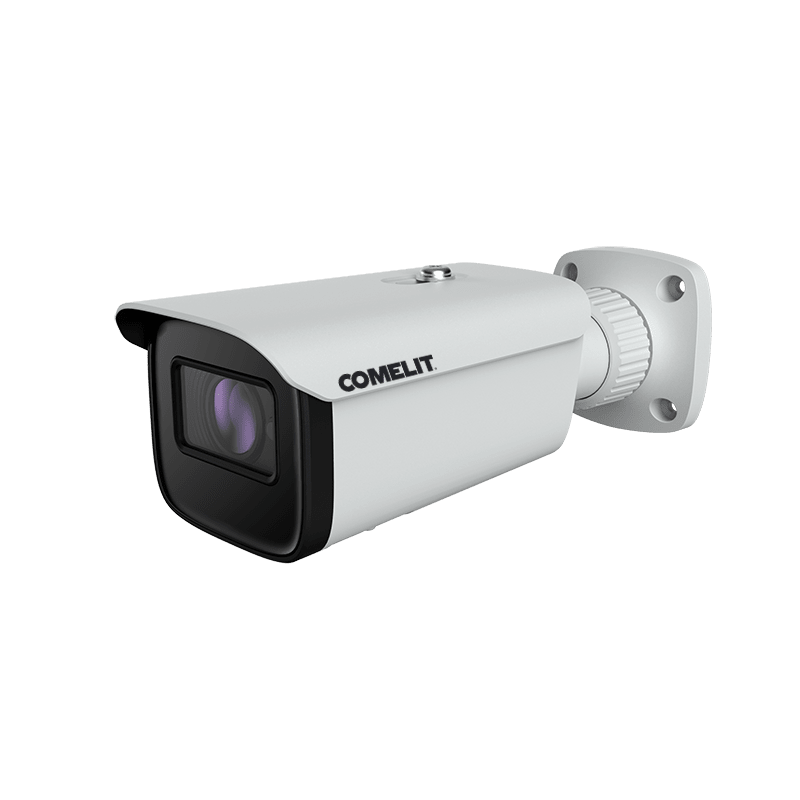 COMELIT - Serie Next - Telecamera IP bullet 8MP, ottica fissa 2.8mm, LED IR 50m, funzioni analisi video, slot SD, alluminio IP67, 12V e PoE, ONVIF