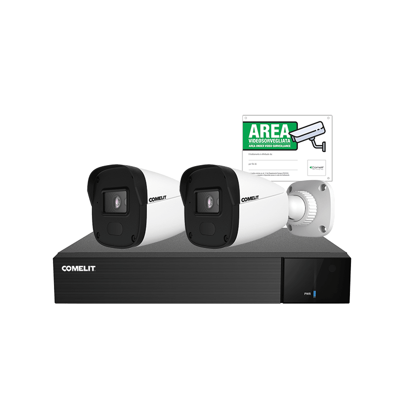 COMELIT - Serie Next - Kit IP 5MP 4 canali, NVR IPNVR004N06PA + 2 telecamere IPBCAMN04F01A + cartello videosorveglianza IPKIT004N05PA