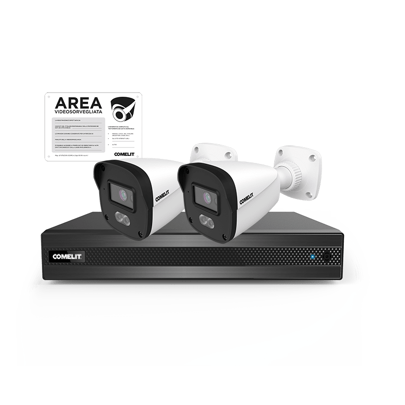 COMELIT - Serie Next - Kit IP con NVR NIPNVR004N06PA + 2 telecamere IPBCAMN04F01CUA + cartello videosorveglianza IPKIT004N05PB