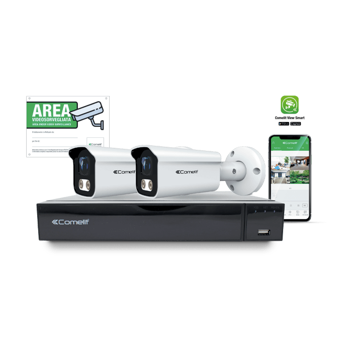 COMELIT - Serie Smart - Kit IP 5MP 4 canali, NVR IPNVR004S08PB + 2 telecamere IPBCAMS05FB + cartello videosorveglianza