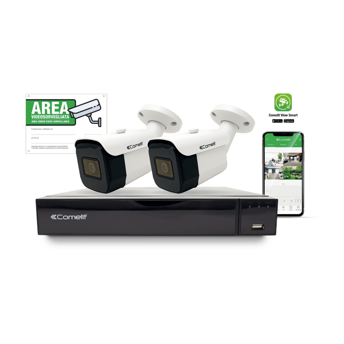 COMELIT - Serie Smart - Kit IP 4K 4 canali, NVR IPNVR004S08PB + 2 telecamere IPBCAMS08FA + cartello videosorveglianza