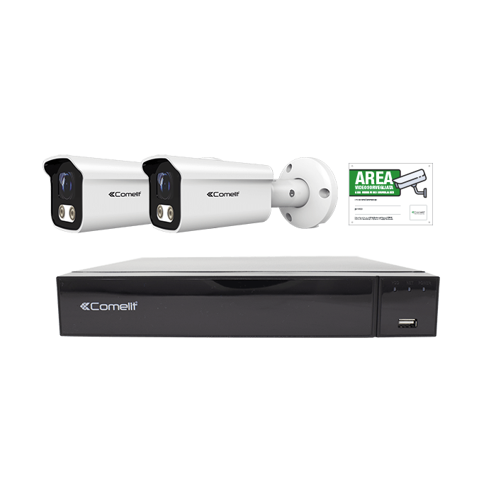 COMELIT - Serie Smart - Kit IP 4K 4 canali, NVR IPNVR004S08PB + 2 telecamere IPBCAMS08F01B + cartello area videosorvegliata