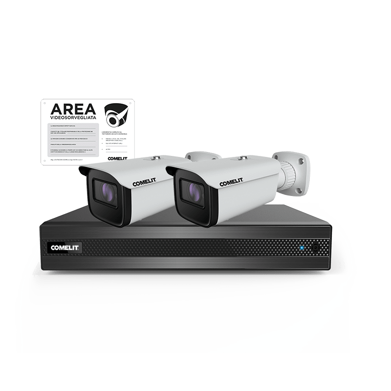 COMELIT - Serie Next - Kit IP 5MP 8 canali, NVR NIPNVR008N06PA + 2 telecamere IB04N2Z01A + cartello area videosorvegliata