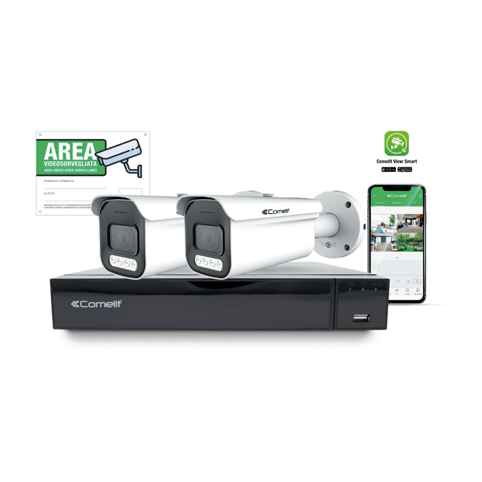 COMELIT - Serie Smart - Kit IP 5MP 8 canali, NVR IPNVR008S08PC + 2 telecamere IPBCAMS05ZB + cartello videosorveglianza