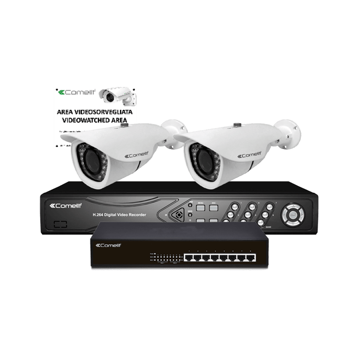 COMELIT - Kit IP Easy, NVR IPNVR085B HDD 1TB + 2 telecamere IPCAM065A + switch IPSWP080A + cartello 43500