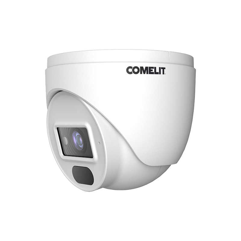 COMELIT - Serie Next - Telecamera IP turret 4MP, ottica fissa 2.8mm, LED IR 20m, funzioni analisi video, microfono, alluminio IP67, 12V e PoE, ONVIF