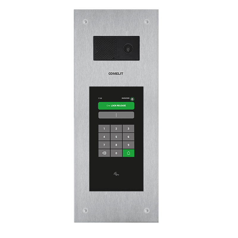 COMELIT - Serie SteelTouch - Pulsantiera video touch screen 5" da incasso in acciaio inox AISI 316, sistema Simplebus 2, lettore RFID, telec. grandangolare 120°