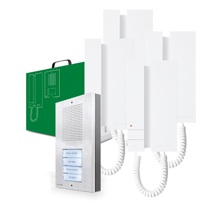 COMELIT - Serie Mini - Kit audio 5 fili quadrifamiliare Extra-Mini, 4 citofoni, trasformatore 1200 KAE5064