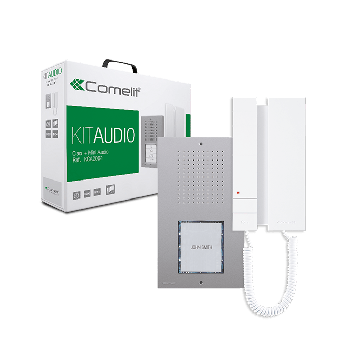 COMELIT - Serie Mini cornetta - Kit audio monofamiliare Simplebus 2, pulsantiera Ciao 1 pulsante + citofono Mini con cornetta, precodificato