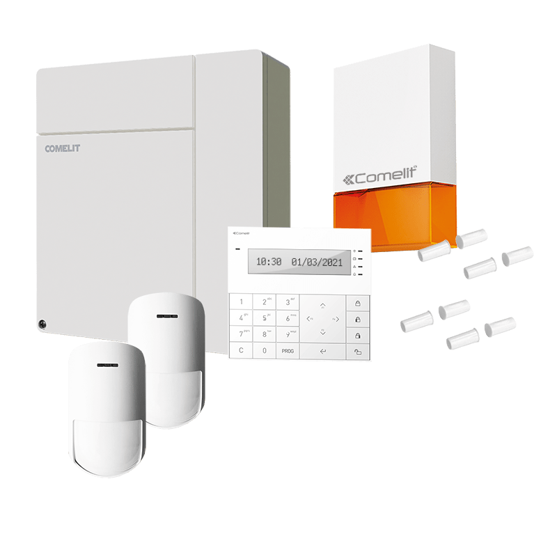COMELIT - Serie Vedo - Kit centrale VEDO34 + sirena + tastiera LCD + 2 sensori INDT + 2 staffe orientabili + 4 contatti magnetici da incasso